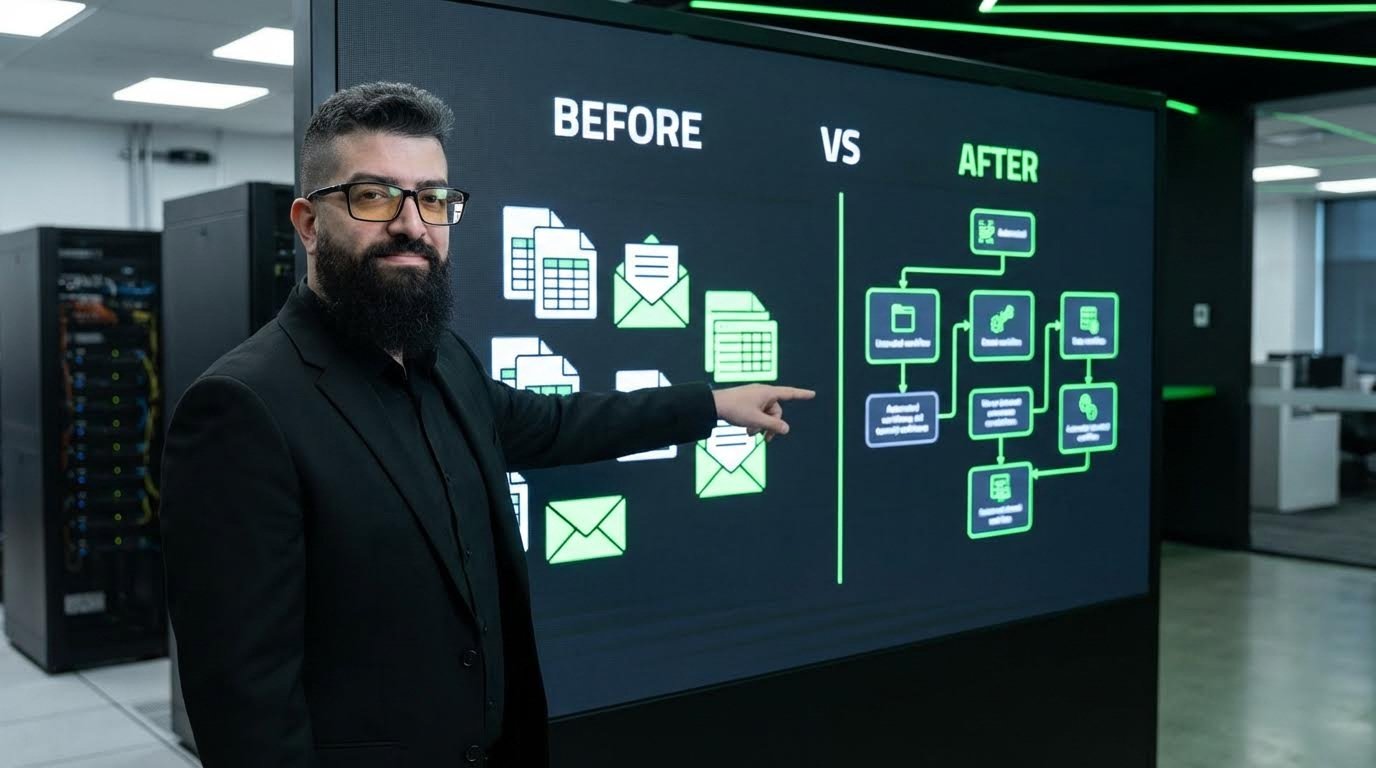 Business team collaborating with digital tools and screens showing dashboards
