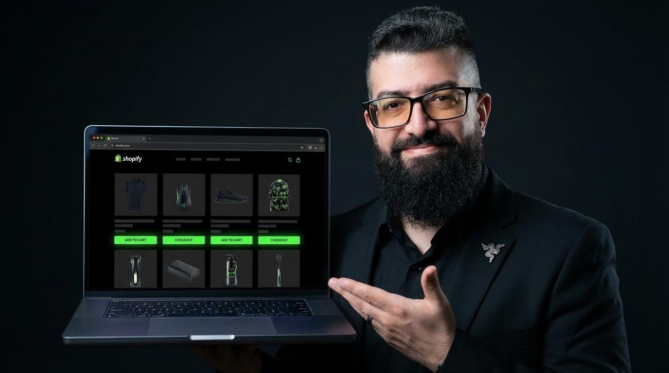 Hands using a laptop showing an online store checkout and shopping cart