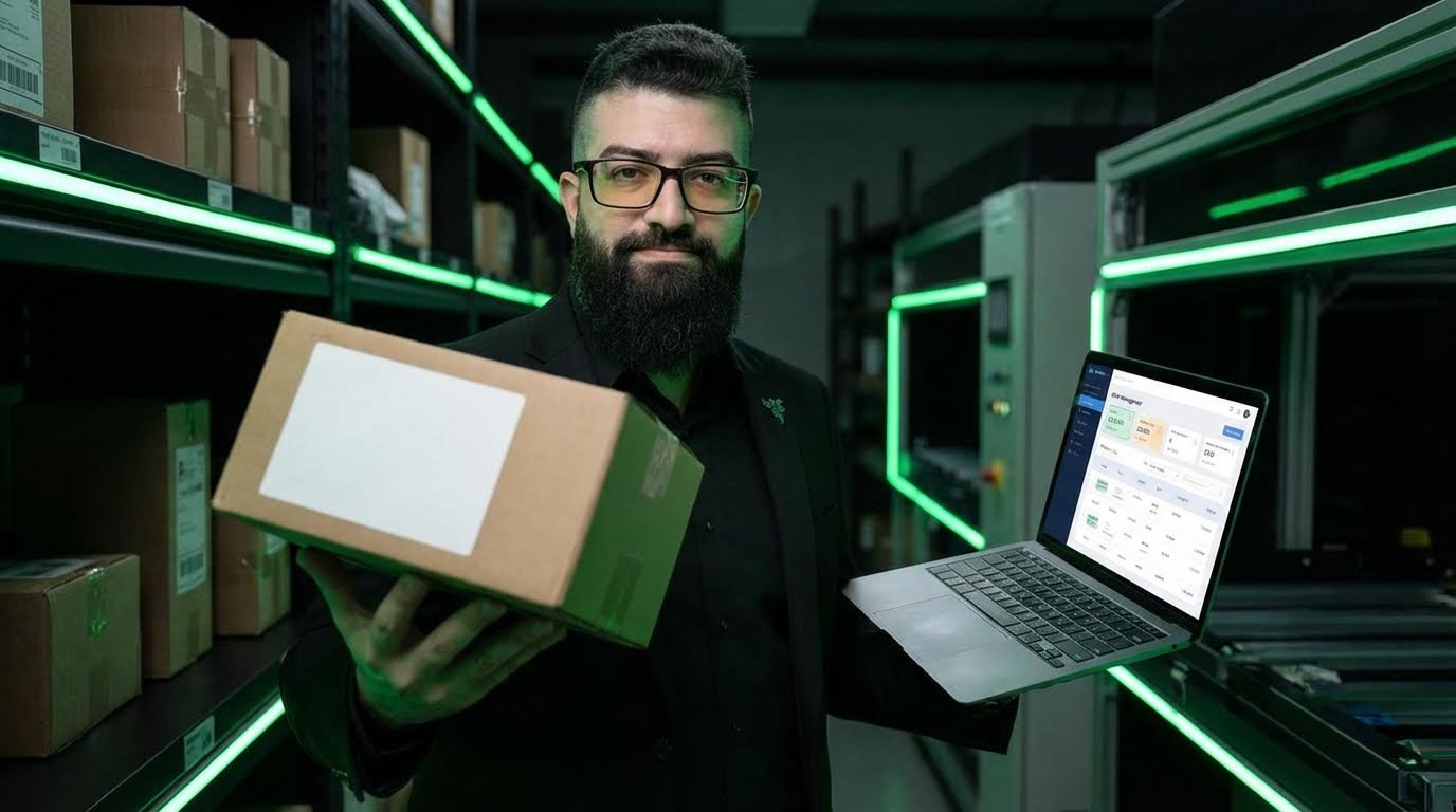 A person packing an online order with boxes, representing fulfillment logistics