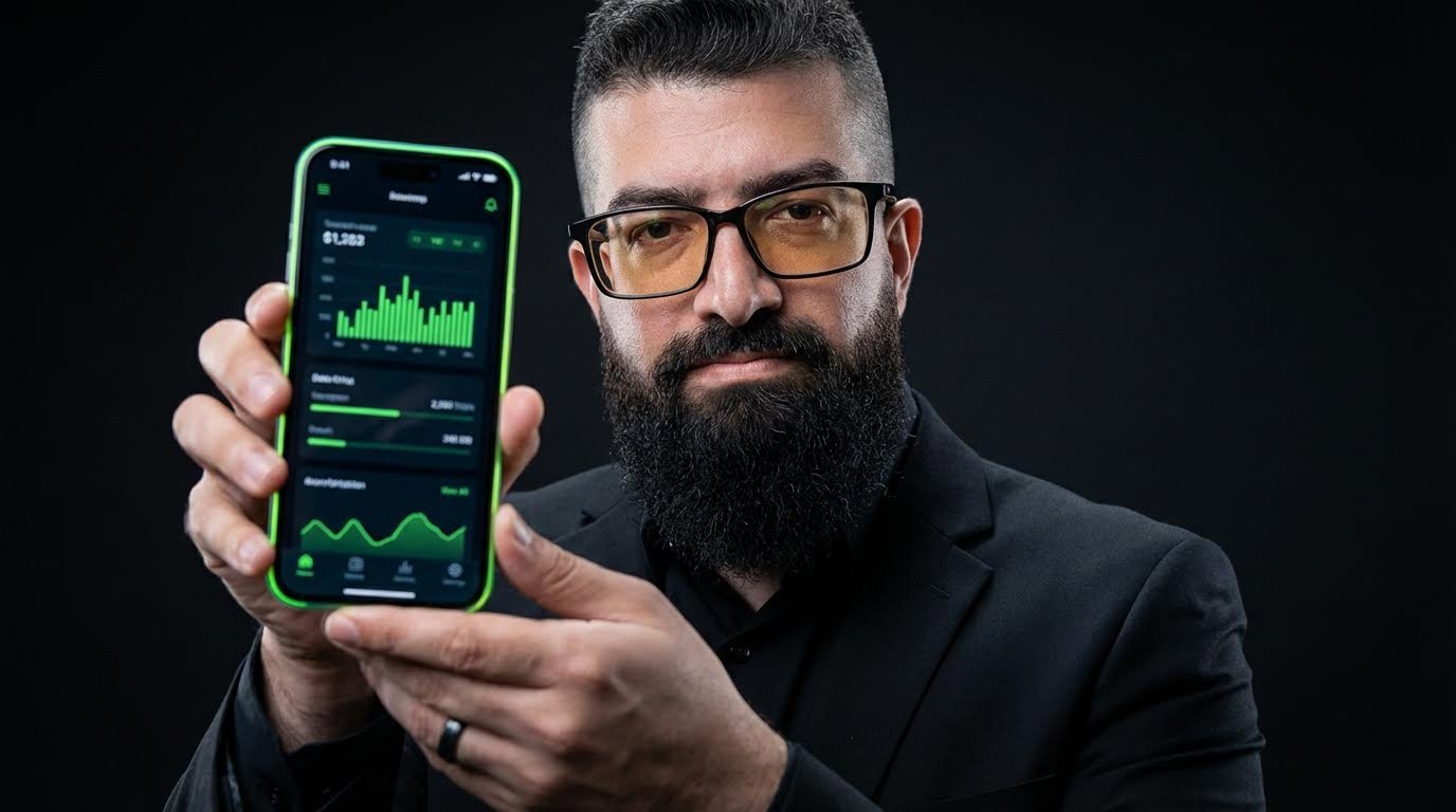 Person holding a smartphone with a modern mobile app interface