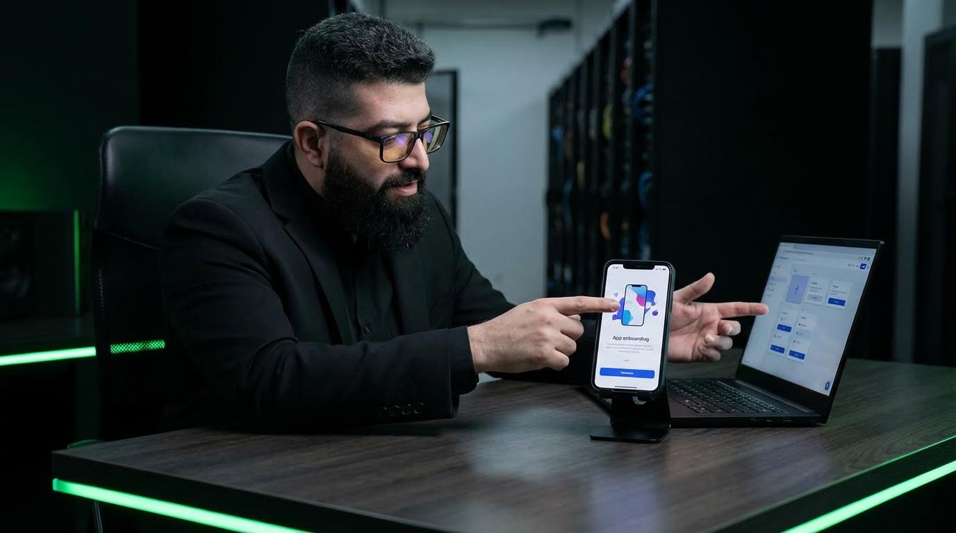 Multiple smartphones on a table showing different mobile app screens
