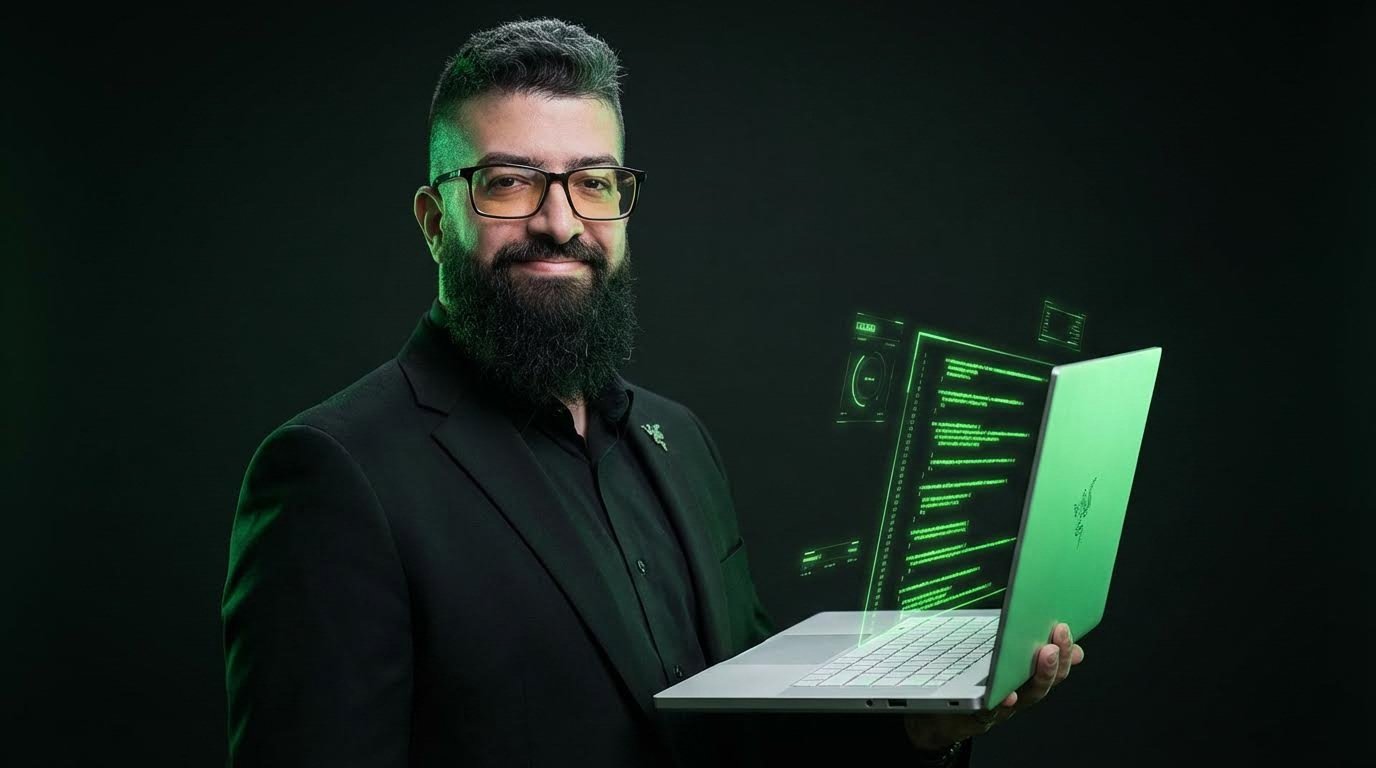 Developer coding a modern website on multiple screens in a dark environment